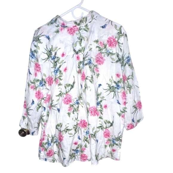 Charter Club Womens Floral Print Button-Down Shirt XXL Linen Blend White Pink Bl - Picture 5 of 8